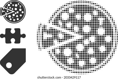 Halftone Pizza mit Stück. Dotted Pizza mit Stück erzeugt mit kleinen runden Pixel. Vektorgrafik von Pizza mit Stücksymbol auf weißem Hintergrund. Halftone-Array enthält runde Pixel.