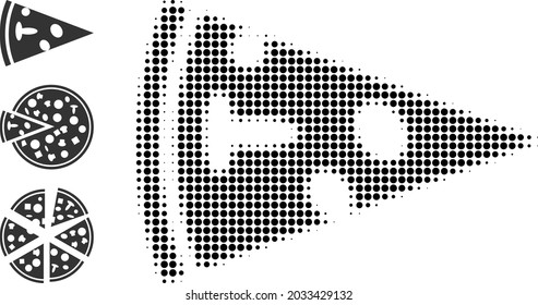 Pieza de pizza de semitono. Pieza de pizza punteada hecha con pequeños elementos esféricos. Icono vectorial de la pieza de pizza en un fondo blanco. El patrón de semitono contiene elementos redondos.