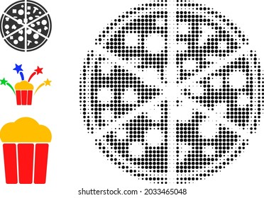 Halftone pizza portions. Dotted pizza portions designed with small circle pixels. Vector illustration of pizza portions icon on a white background. Halftone pattern contains round pixels.