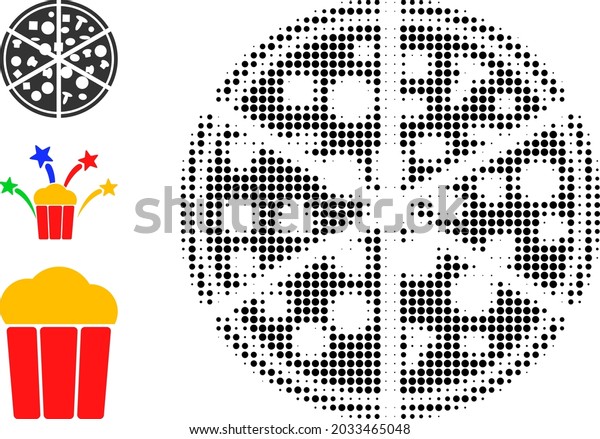 Halftone pizza portions. Dotted pizza portions\
designed with small circle pixels. Vector illustration of pizza\
portions icon on a white background. Halftone pattern contains\
round pixels.