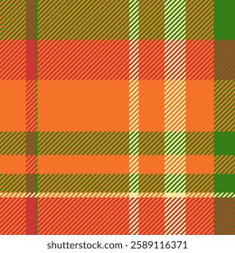 Halftone plaid seamless pattern, close-up vector check texture. Female background textile fabric tartan in orange and green colors palette.