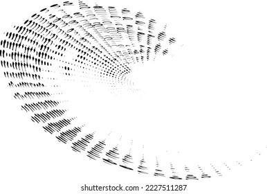 A halftone plane twisted in a spiral from dots, spots, strokes, beads. Space for copy text. For logos, signs, emblems. Vector.