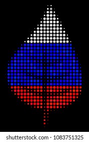 Halftone Plant Leaf pictogram colored in Russian state flag colors on a dark background. Vector concept of plant leaf icon designed of spheric pixels.