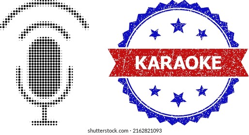 Halftone podcast icon, and bicolor textured Karaoke watermark. Halftone podcast icon is constructed with small round points. Vector watermark with retro bicolored style,