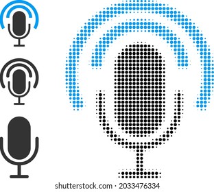 Halftone podcast microphone. Dotted podcast microphone generated with small circle elements. Vector illustration of podcast microphone icon on a white background.