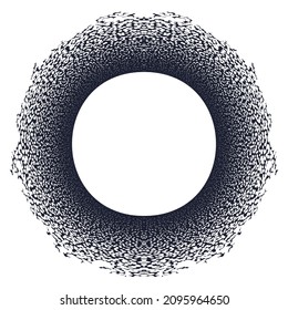 Halftone point. Fading gradient. Point texture of noise. Overlay effect. A dark circle surrounded by a lace frame.