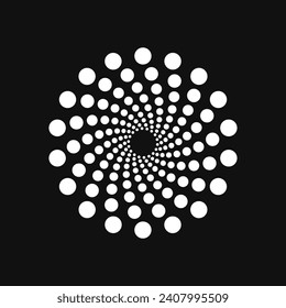 Halftone point vortex on dark. Abstract futuristic digital technology logo element. Vector geometric shape.
