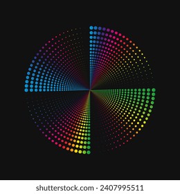 Halftone point vortex on dark. Abstract futuristic digital technology logo element. Vector geometric shape.