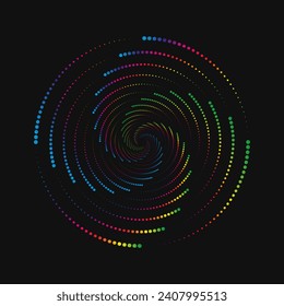 Halftone point vortex on dark. Abstract futuristic digital technology logo element. Vector geometric shape.