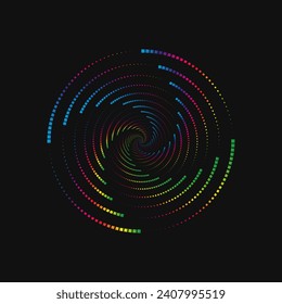 Halftone point vortex on dark. Abstract futuristic digital technology logo element. Vector geometric shape.