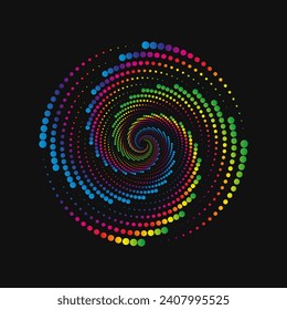 Halftone point vortex on dark. Abstract futuristic digital technology logo element. Vector geometric shape.