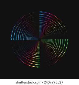 Halftone point vortex on dark. Abstract futuristic digital technology logo element. Vector geometric shape.