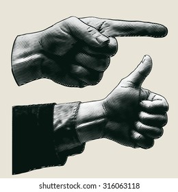 halftone pointing finger and thumbs up symbol. engraved style. vector illustration