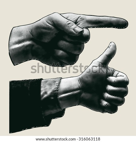 halftone pointing finger and thumbs up symbol. engraved style. vector illustration