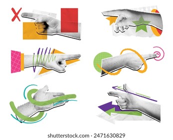 Halftone pointing hand collage. Mixed media direction hand gestures, pop art arrow pointing finger scrapbooking style compositions vector set