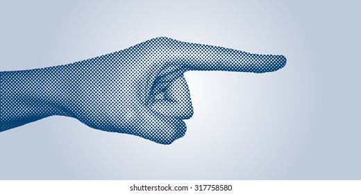 Halftone pointing index finger vector illustration.