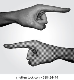 Halftone pointing index fingers vector illustration.