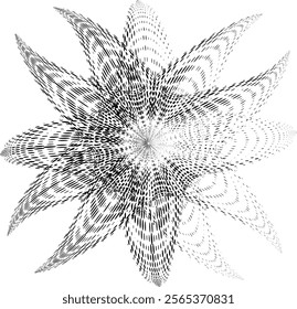 Halftone polka dot flower with radial strokes. Lightening the right side for copying text. For logo, trademark, brand. Vector.