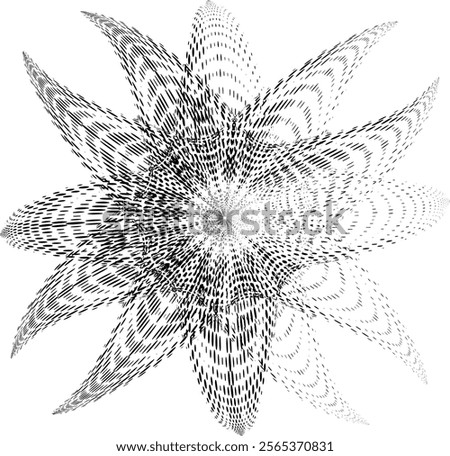 Halftone polka dot flower with radial strokes. Lightening the right side for copying text. For logo, trademark, brand. Vector.