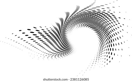 Halftone polka Punkt Rahmen in Form eines dynamischen Portals mit aufrollenden Strahlen. Vektorgrafik. Für Logos, Marken, Embleme. Platz für Text. 