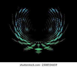 A halftone polka dot modified mandala with outstretched, revitalizing wings. Gradient color bay. For logos, signs, trends. Vector.