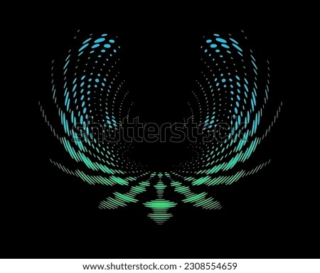 A halftone polka dot modified mandala with outstretched, revitalizing wings. Gradient color bay. For logos, signs, trends. Vector.