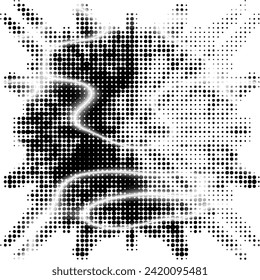 Halftone polka dot quadromandala entwined with gradient energy discharges. A sector has been selected for overlaying text by copying. For logos, trademarks, emblems. Vector.