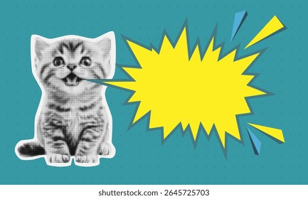 Modelo de banner colagem de colagem pop art de meio-tom com gatinho estilo cômico retrô com balão de fala vazio no fundo pontilhado azul, vintage design vetor para cartaz ou mensagem