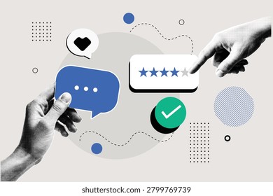Halftone Pop Art Collage with Customer Review, Speech Bubble and Five Star Rating. User Feedback and Online Reputation Concept. Satisfaction Survey and Digital Communication Strategy