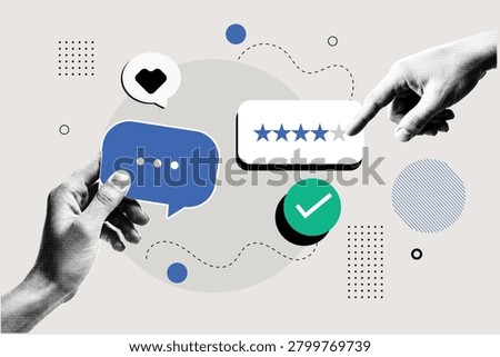 Halftone Pop Art Collage with Customer Review, Speech Bubble and Five Star Rating. User Feedback and Online Reputation Concept. Satisfaction Survey and Digital Communication Strategy