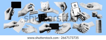 Halftone pop art collage of hands with wallet, credit card, piggy bank, cash, coins, banking, finance and payment concept on blue background