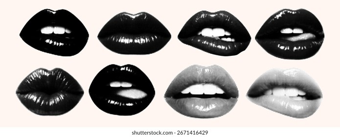  Collage de labios de arte pop de medio tono. Concepto de belleza sobre fondo beige
