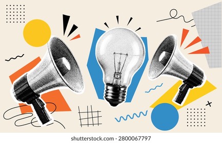 Halftone Pop Art Collage with Megaphones and Lightbulb. Creative Advertising and Marketing Communication Concept. Business Announcement, Idea Promotion and Public Relations Strategy