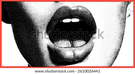 Halftone pop art collage of an open mouth screaming. Retro punk music poster with comic lips, grunge texture, fun karaoke vibe and rock concert energy.