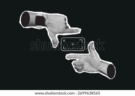 Halftone pop art collage showing hands framing a shot, symbolizing creative vision, composition, and cinematography. Concept of directing, visual storytelling artistic perspective in film production.