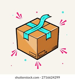 Caja de entrega de cartón marrón cómica del arte pop del semitono envuelta con la cinta azul para el envío, Ilustración vectorial