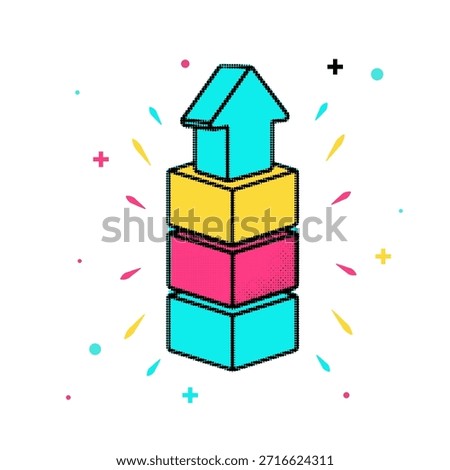 Halftone pop art comic business growth concept with colorful stacked blocks forming an arrow, vector illustration