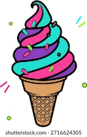 Halftone pop art comic colorido suave servir cono de helado con remolinos de color rosa y azul y espolvorear, Ilustración vectorial