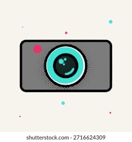 Icono de la cámara digital gris del cómic del arte pop del semitono con la lente verde azulado y el Botón rojo del obturador, Ilustración vectorial