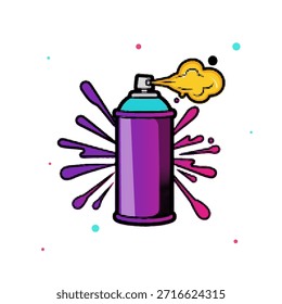 Pintura de spray de aerossol roxo de arte pop de meio-tom com névoa amarela e graffiti splatter, ilustração vetorial
