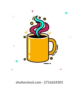 Halftone pop art comic yellow coffee mug with colorful steam rising from hot black beverage, vector illustration