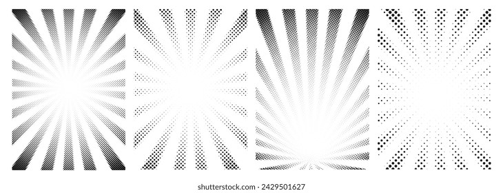 Fondos de póster de historietas de arte pop de medio tono con patrón de puntos de grano de ruido, vector. Fondos de manga con degradado de puntos puntillismo o patrón de puntos con efecto punteado