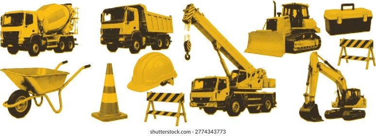 halftone pop art construction machinery set with excavator crane dump truck and industrial equipment