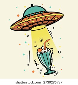 Halftone pop art dot nave espacial alienígena beaming up sweet milkshake food concept ilustração vetorial