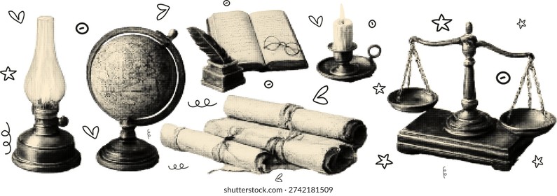 Halftone pop art dot antique map and vintage objects including oil lamp globe scroll book and balance scale vector illustration