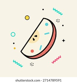 Meio-tom pop art ponto, fatia de maçã, fatia única de uma maçã com uma borda rosa, sementes e polvilhos coloridos, renderizado em um divertido estilo de arte de meio-tom, ilustração vetorial