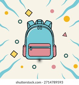 Halftone pop art dot, backpack, light blue and pink school bag with zipper pockets, presented with a halftone effect and geometric memphis background design, vector illustration