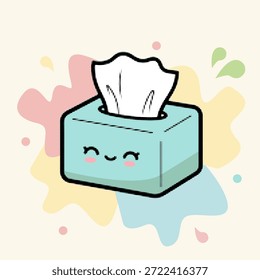 Halftone pop art dot blue tissue box with white paper napkin and happy face vector illustration