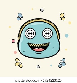 Meio-tom pop art ponto azul moeda bolsa personagem com fecho de metal e sorriso de dente, ilustração vetorial.