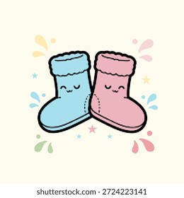 Personajes de calcetín de bebé azul y rosa con caras adorables para dormir y fondo de estrellas, Ilustración vectorial.